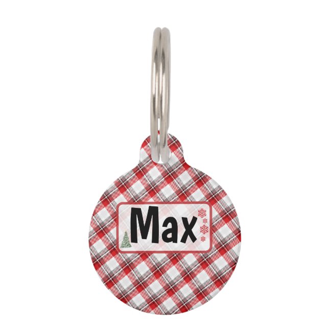 Round Christmas – Personalized Name, Plaid Holiday ペット　ネームタグ (正面)