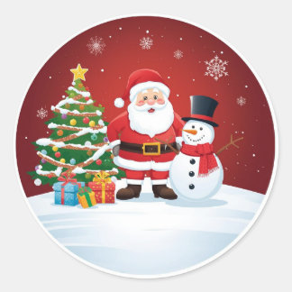Round Christmas Sticker - Santa, Snowman & Tree  ラウンドシール