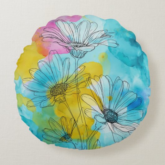 Round Daisy Flower Floral Throw Pillow Gift ラウンドクッション (正面)
