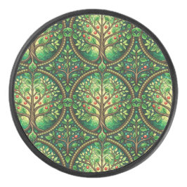 Round decorative object featuring a vibrant  アイスホッケーパック