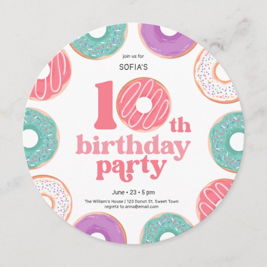 Round Donut Party Girl 10th Birthday Invitation 招待状 (正面)