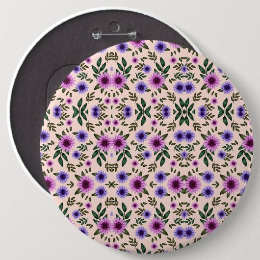Round floral pattern with purple, pink, and blue 缶バッジ (正面&裏面)