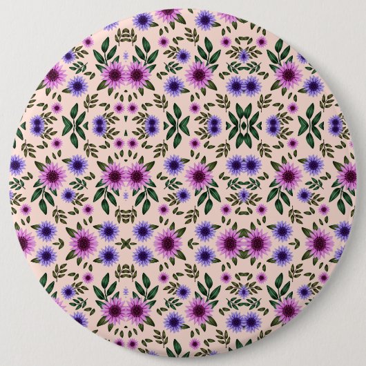 Round floral pattern with purple, pink, and blue  缶バッジ (正面)
