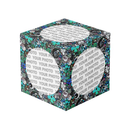 Round in Squareフレームのフラワーパワー3 +あなたの写真 フォトキューブ (正面アングル)