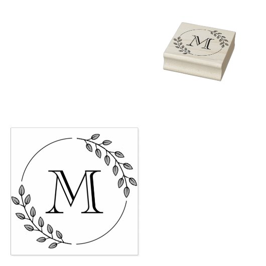 Round Leaves Wreath Monogram Initial ラバースタンプ (押印)
