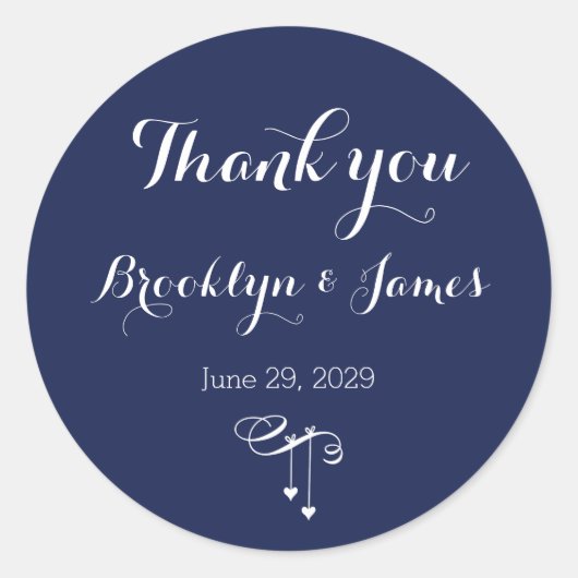 Round Navy Blue Wedding Stickers With White Hearts ラウンドシール (正面)