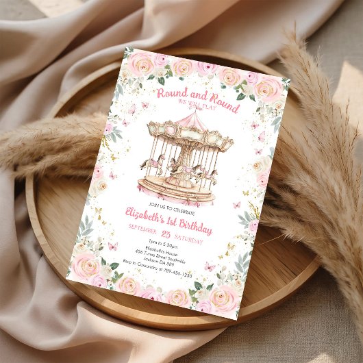 Round & Round Floral Carousel Birthday Invitation 招待状