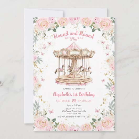 Round & Round Floral Carousel Birthday Invitation 招待状 (正面)