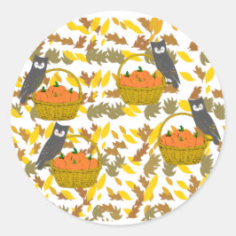 Round Sticker Fall Owls Pumpkin Basket Autocollant ラウンドシール