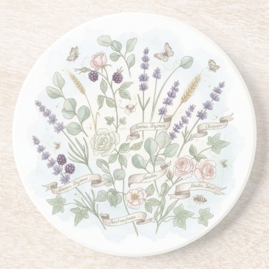 Round Stone Coaster – Botanical Watercolor  コースター (正面)