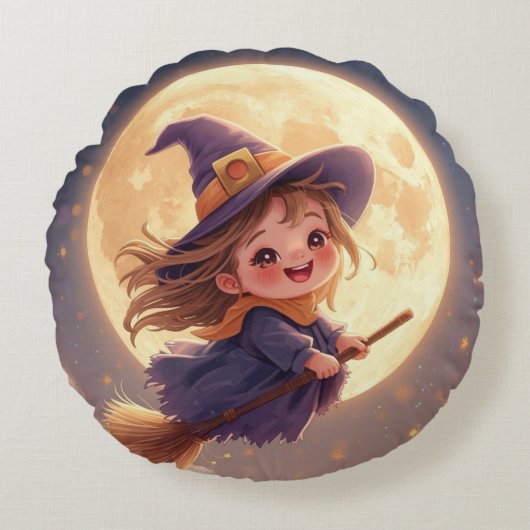 Round Witch Halloween Pillow – Spooky Decor ラウンドクッション (正面)