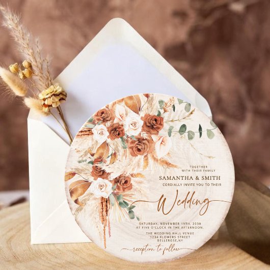 Round Wood Grain Boho Pampas Grass Photo Wedding  招待状
