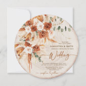 Round Wood Grain Boho Pampas Grass Photo Wedding  招待状 (正面)