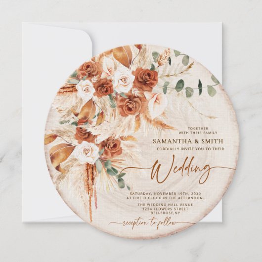 Round Wood Grain Boho Pampas Grass Photo Wedding  招待状 (正面)