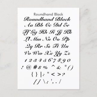 Roundhand黒Zazzleのフォントのサンプラーシート ポストカード