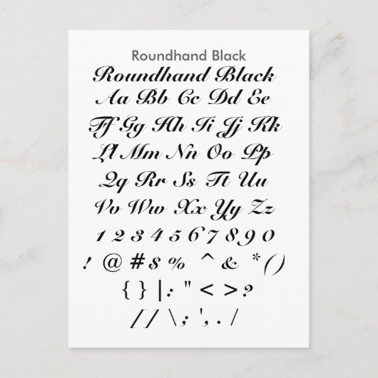 Roundhand黒Zazzleのフォントのサンプラーシート ポストカード (正面)