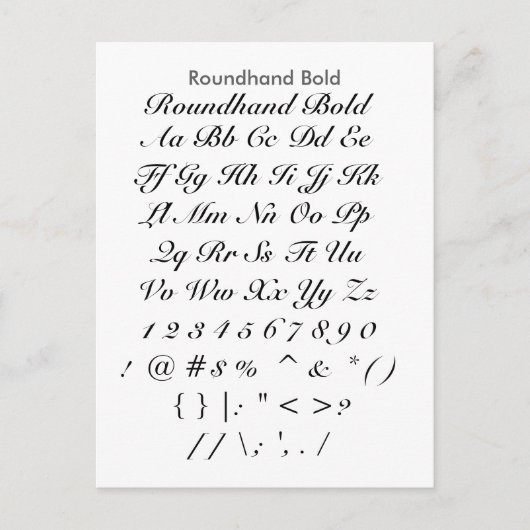 Roundhand はっきりした – ザズルフォントサンプラーシート ポストカード (正面)