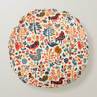 RoundThrow Pillow  Tribal Folk Decorative Cushion  ラウンドクッション