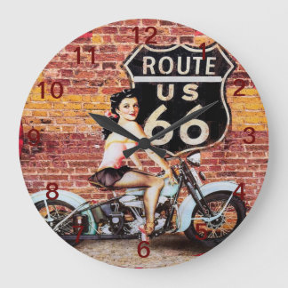 Route 66の女性のMotocycle Wall Clock ラージ壁時計