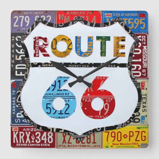 Route 66ライセンスプレートアート(デザインターンパイク) スクエア壁時計 (正面)