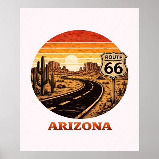 Route 66 Arizona Desert Retro Stripe Sunset Poster ポスター (正面)