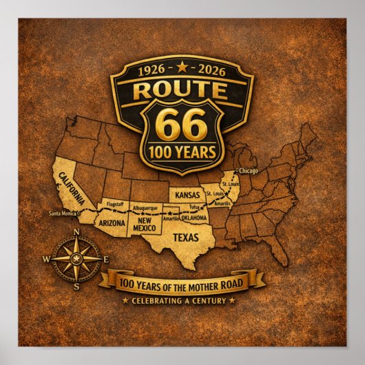 Route 66 Centennial Vintage Map Design ポスター (正面)