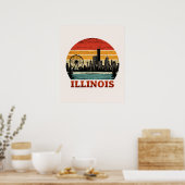 Route 66 Illinois Chicago Skyline Retro Stripe Sun ポスター (キッチン)