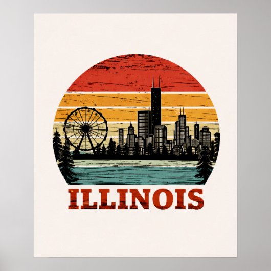 Route 66 Illinois Chicago Skyline Retro Stripe Sun ポスター (正面)