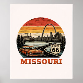 Route 66 Missouri Gateway Arch Retro Stripe Sunset ポスター
