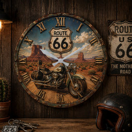 Route 66 Motorcycle Vintage Desert Highway Biker ラージ壁時計