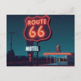 Route 66 Neon Motel Night Travel Art シーズンポストカード