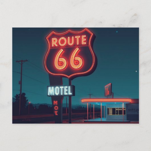 Route 66 Neon Motel Night Travel Art シーズンポストカード (正面)