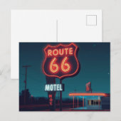 Route 66 Neon Motel Night Travel Art ポストカード (正面/裏面)
