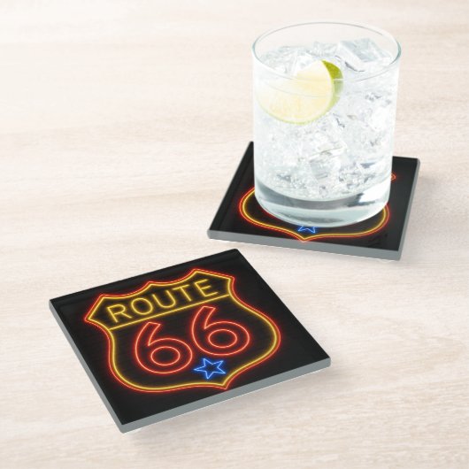Route 66 Neon Shield Americana Decor ガラスコースター (アングル)