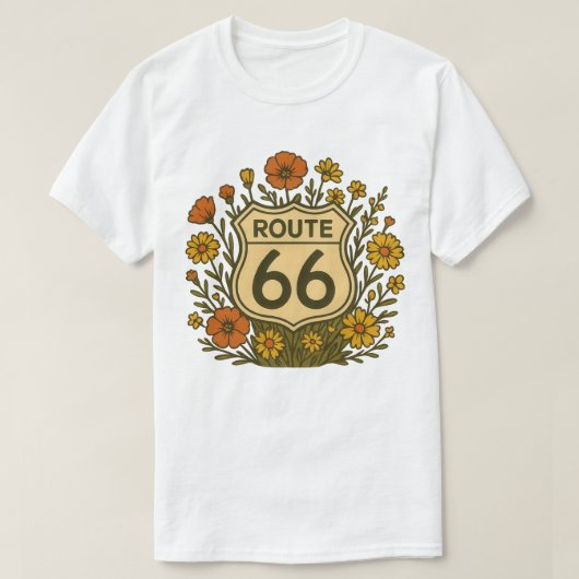 Route 66 Vintage Floral Americana Design Tシャツ (デザイン正面)