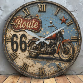Route 66 Vintage Motorcycle Retro American Highway ラージ壁時計