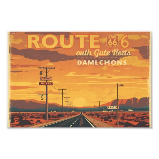 Route 66 Vintage Sunset Road Art フォトプリント (正面)