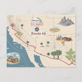 Route 66 Vintage Travel Map Illustration シーズンポストカード