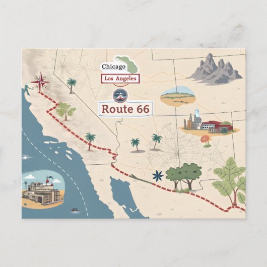 Route 66 Vintage Travel Map Illustration シーズンポストカード (正面)
