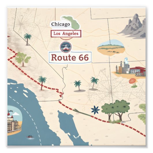 Route 66 Vintage Travel Map Illustration フォトプリント (正面)