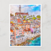 Rovinjクロアチアトラベルプレイスウォーターカラー ポストカード (正面)