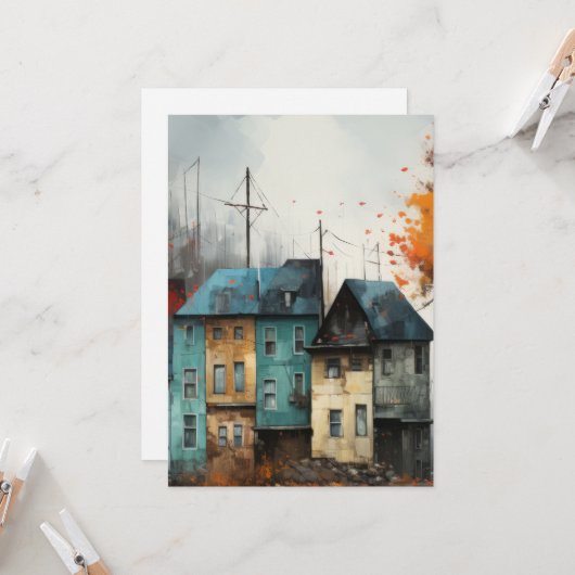 Row of Houses In Autumn Hello Flat カード (正面/裏面インサイチュ)