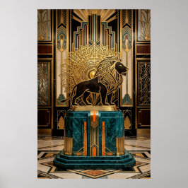 Royal Art Deco Lion Statue Gold Foil ポスター