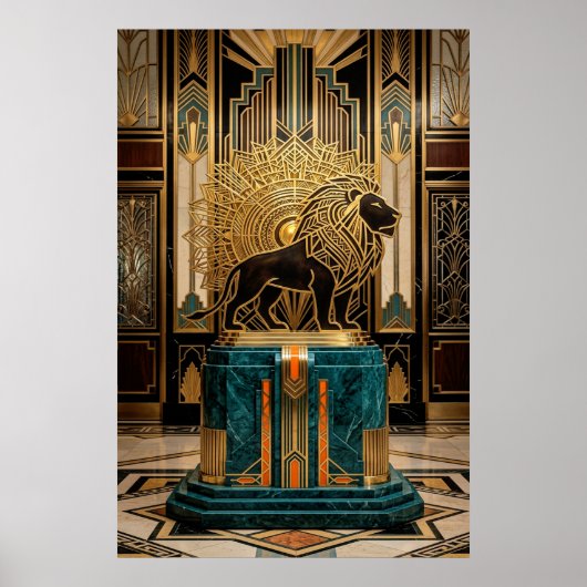 Royal Art Deco Lion Statue Gold Foil ポスター (正面)