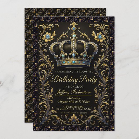 Royal Birthday Party Crown Ornate Invitation 招待状 (正面/裏面)
