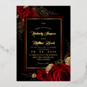 Royal Black Burgundy Roses Boho Wedding 箔招待状 (正面)