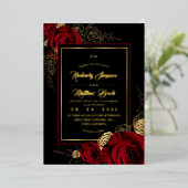 Royal Black Burgundy Roses Boho Wedding 箔招待状 (立ち正面)