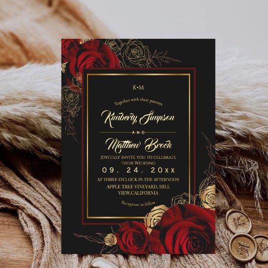 Royal Black Burgundy Roses Boho Wedding 箔招待状