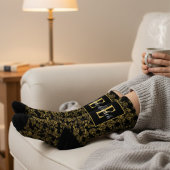 Royal Black & Gold Damask Floral Pattern Monogram ソックス
