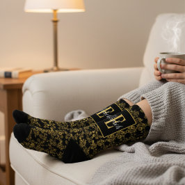 Royal Black & Gold Damask Floral Pattern Monogram ソックス